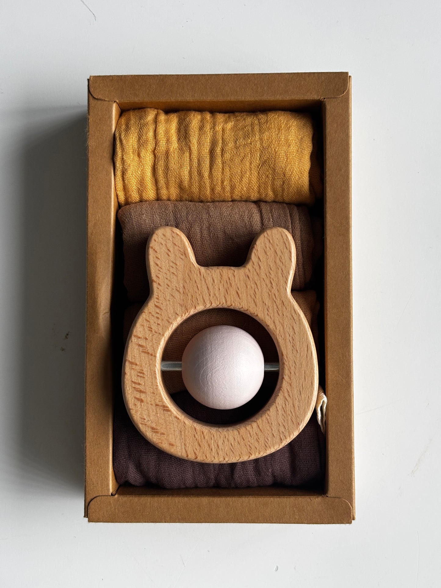 Wooden Rattle & Muslin Cloths Gift Box
